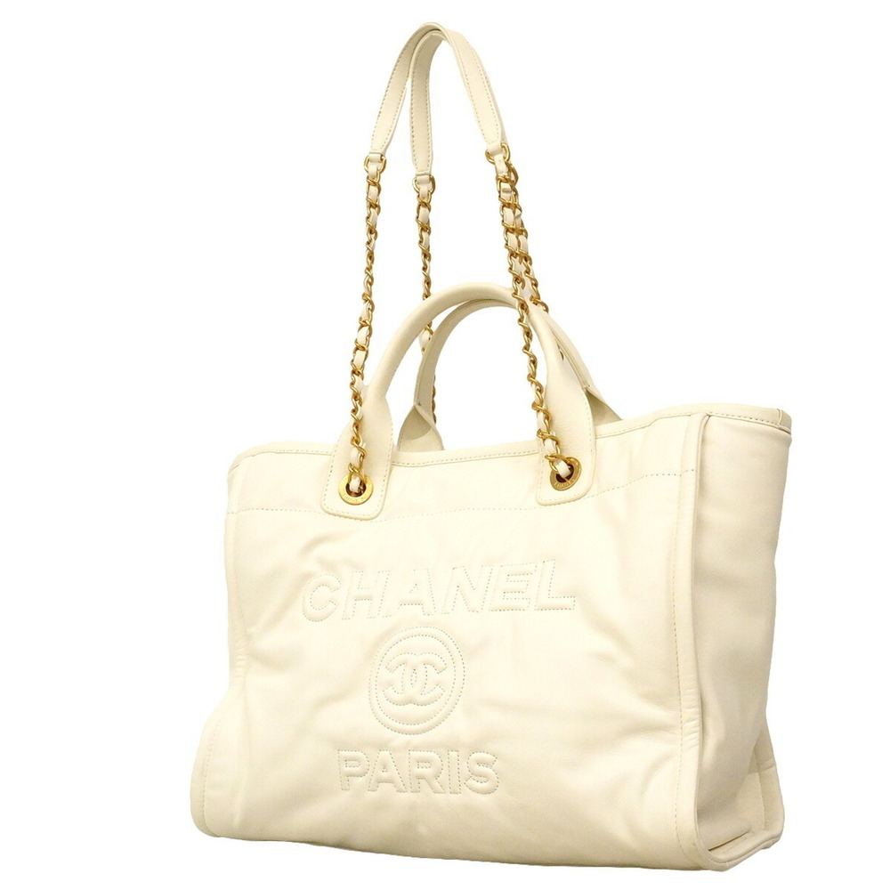 Chanel Deauville Tote Bag, Chain Shoulder Strap, Leather, White, 2-way Bag fo...